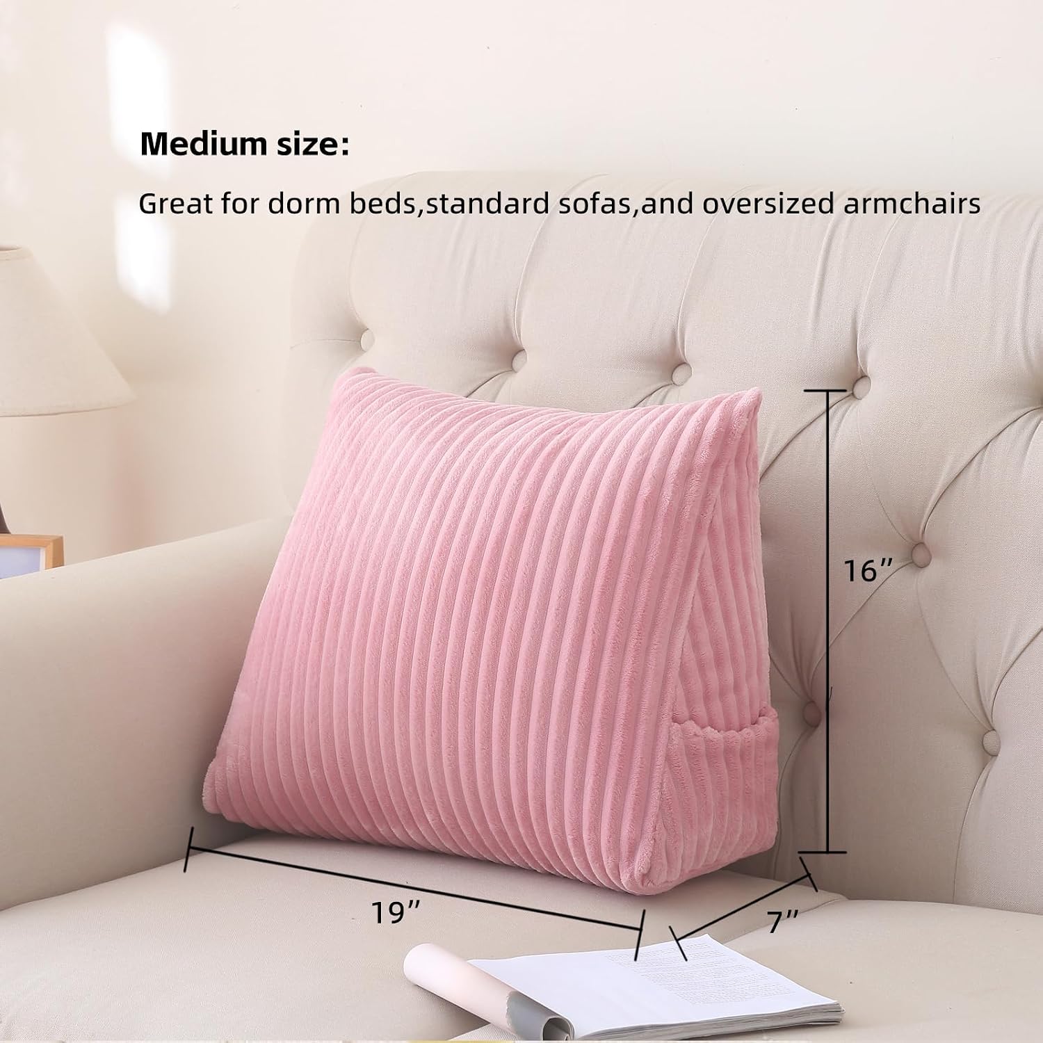 Corduroy Wedge Reading Pillow for Bed, 3 Sizes, 4 Colors for Bed, Sofa, Office Chair (Pink, Medium 19 * 16 * 7in)