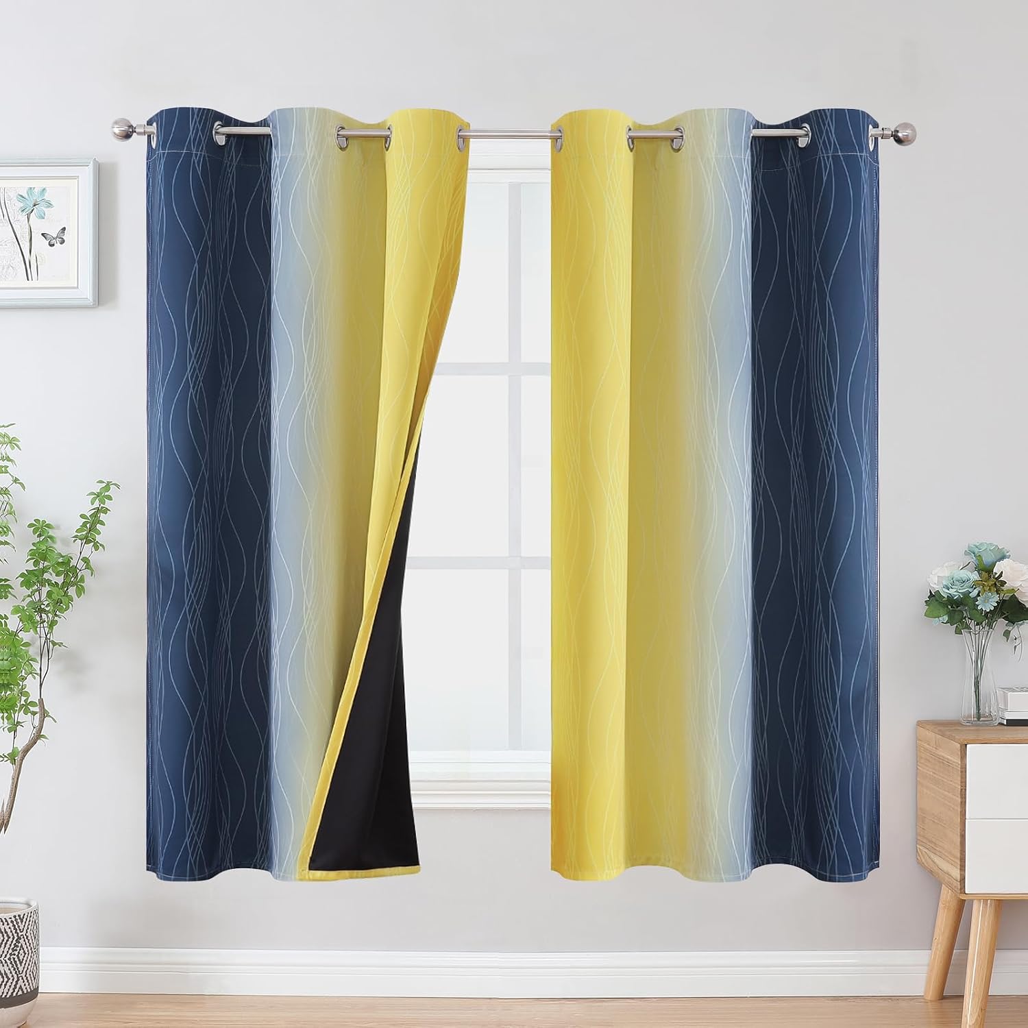 Estelartextiler Estelar Textiler Yellow and Navy Blue Blackout Curtains for Boys Bedroom, Full Light Blocking Grommet Ombre Curtains for Li…