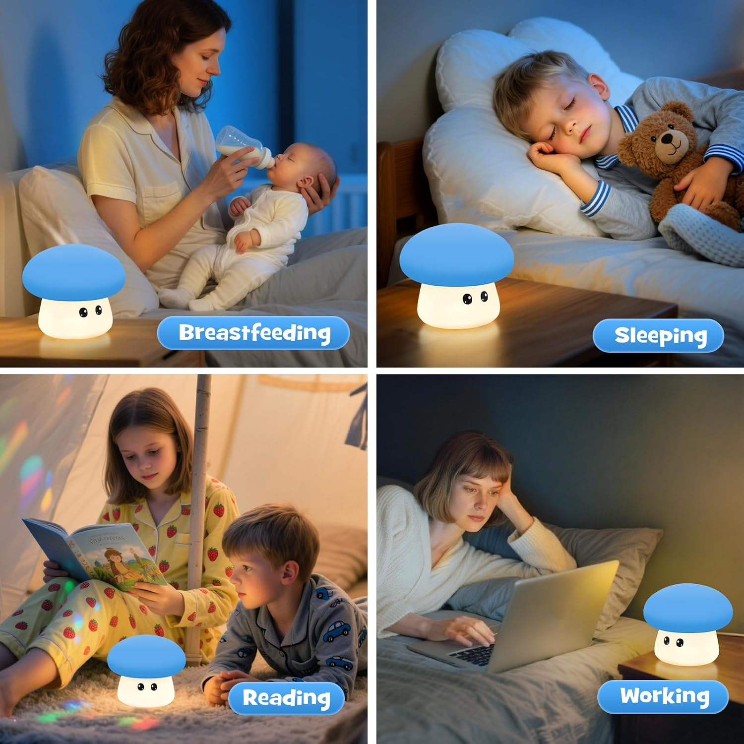 Squishy Big Eyes Mushroom Night Light with RGB Mode 3 Brightness Adjustable Nursery Breastfeeding Nightlight Cute LED Blue Mushroom Lamp…