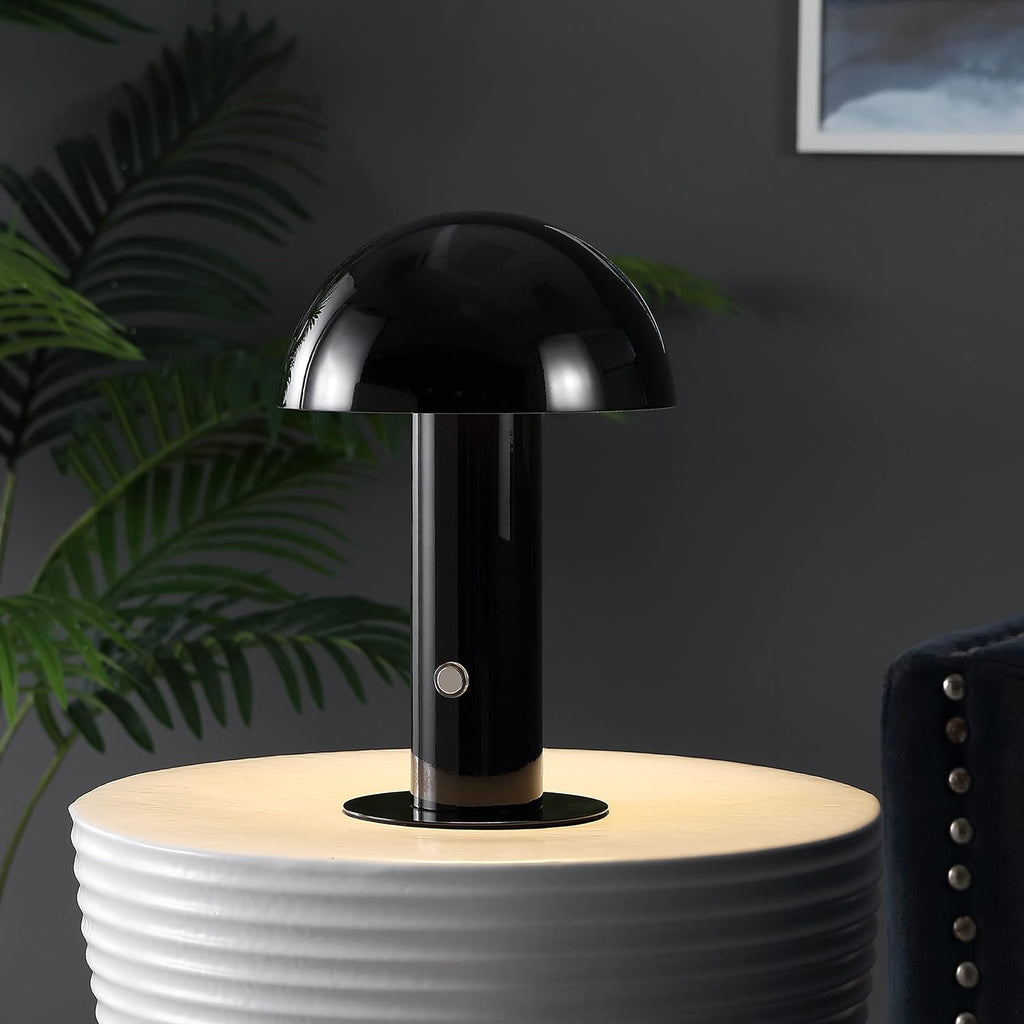 JONATHAN Y 10.75" Black Rechargeable LED Mushroom Table Lamp, Cordless Portable Bedside Lamp for Living Room Bedroom, 3-Way Dimmable…