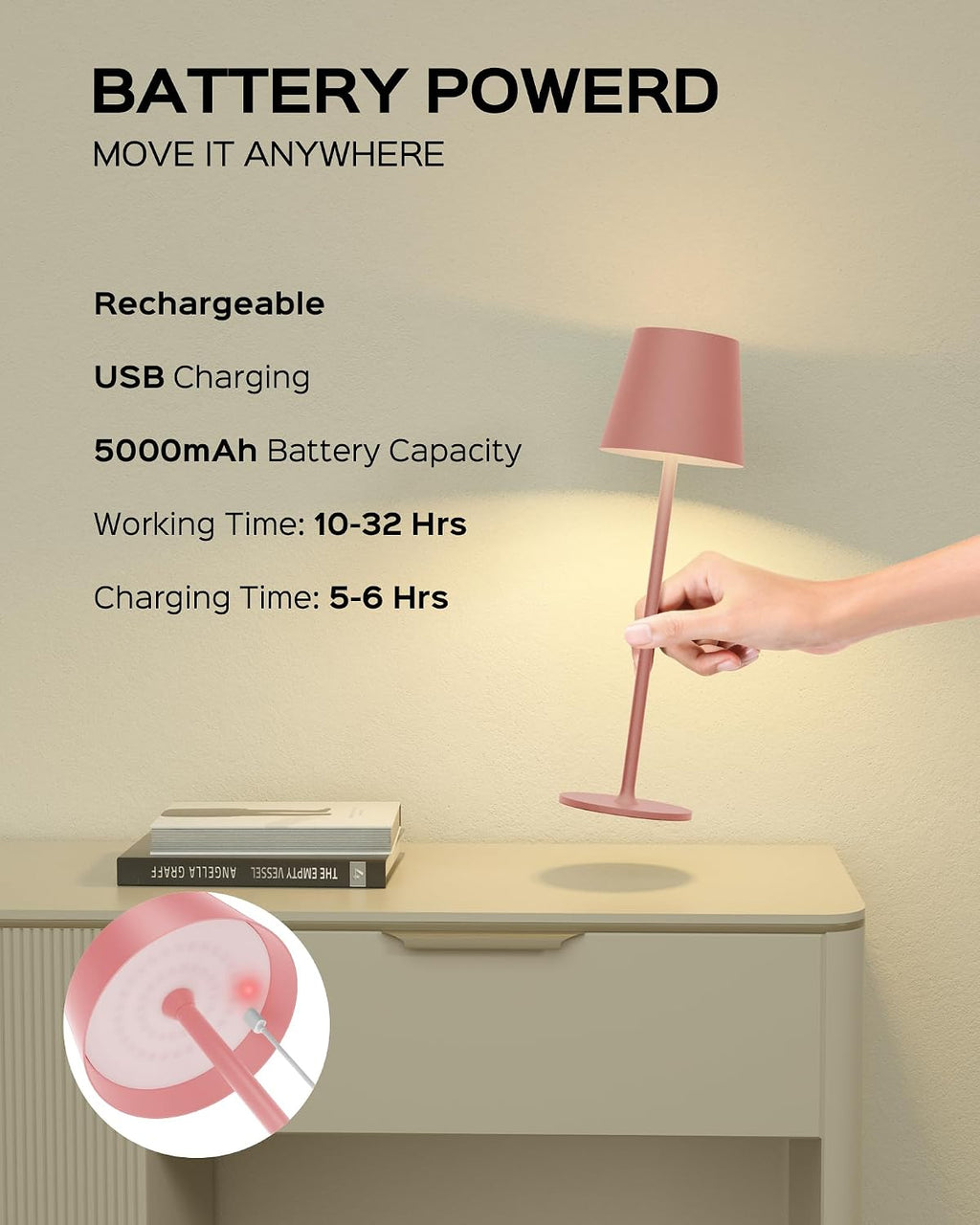 JACKYLED Cordless Table Lamps Rechargeable, 3 Adjustable Height, 5000mAh Battery Operated, 3 Colors Smooth Dimming, Portable LED…