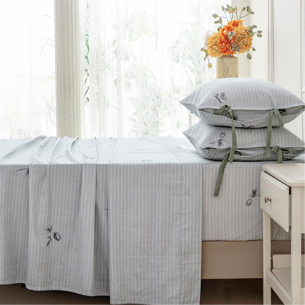 FADFAY 100% Cotton Double Gauze Muslin Sheet Set, Gray Striped Floral Bed Sheets with Bow Tie Detail, Ultra Soft Breathable Cooling…