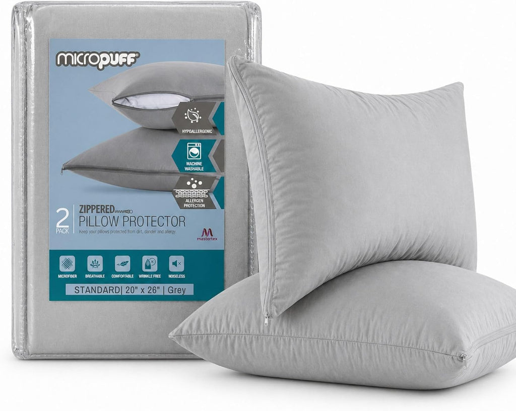 Micropuff Pillow Protectors with Zipper Standard Size Gray- Brushed Microfiber Pillow Covers, Hypoallergenic Pillowcases with Zipper (2 Pac…