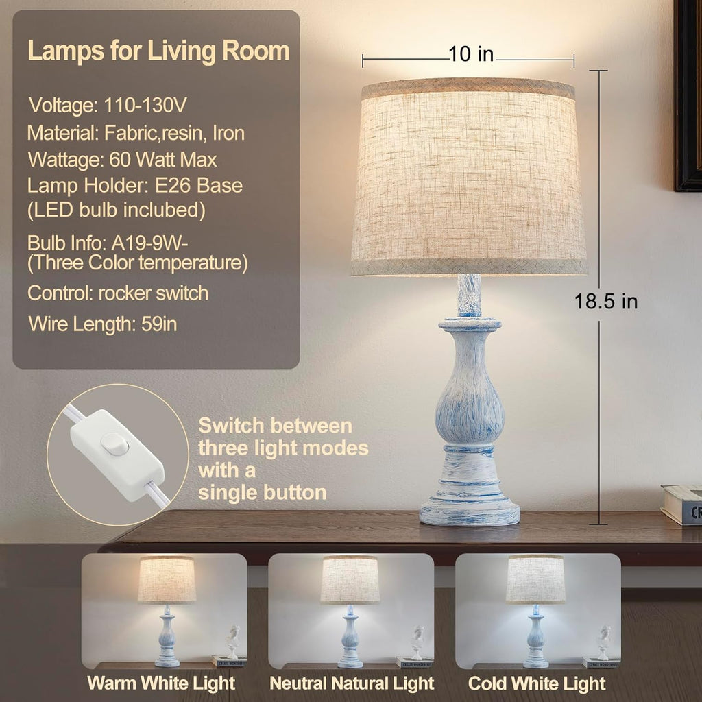 Vintage Table Lamp for Living Room Bedroom, 18.5" Farmhouse Bedside Lamps Nightstand Lamp Set of 2, Table Lamps with Oatmeal Linen Lamp…