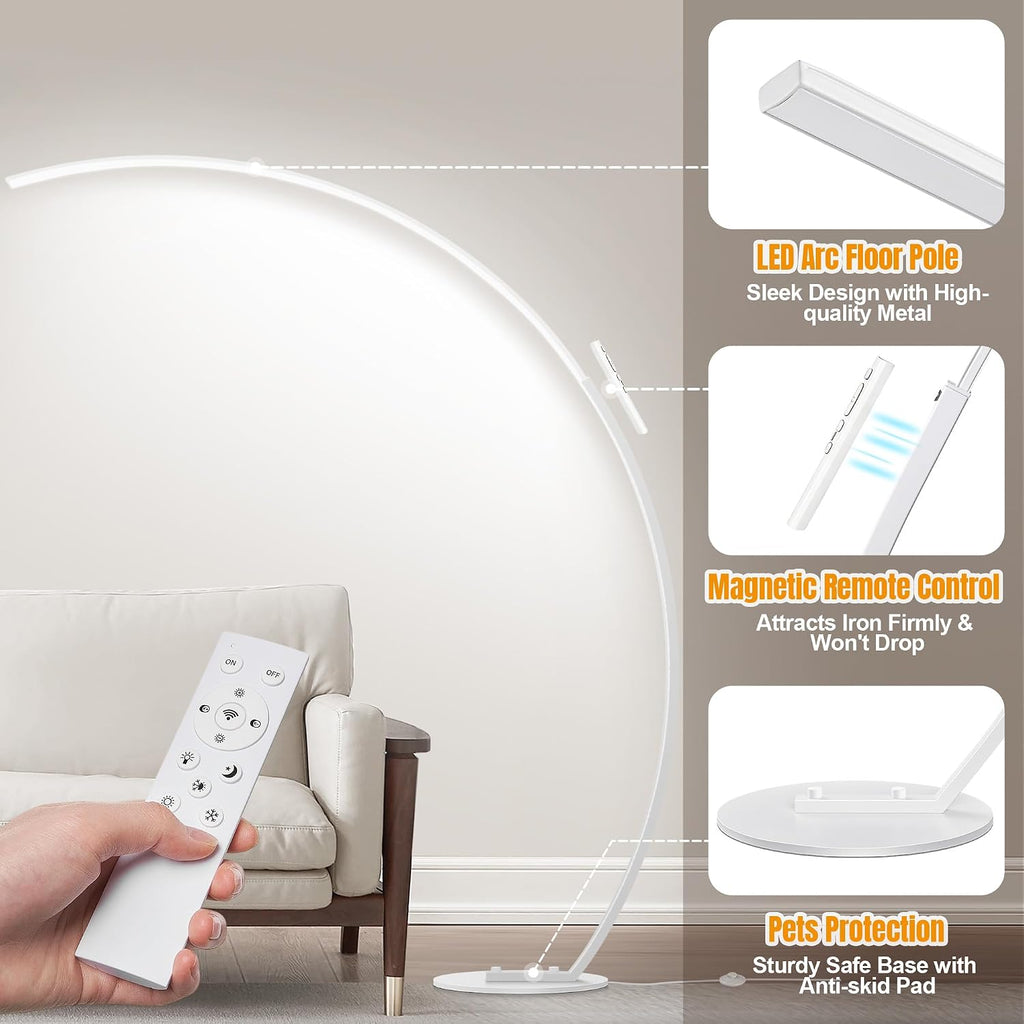 2000LM Ultra-Wide Coverage LED Lamps for Living Room with 3 Color Temperatures, White Dimmable Arc Floor Lamps, Modern Standing Tall Lamp…