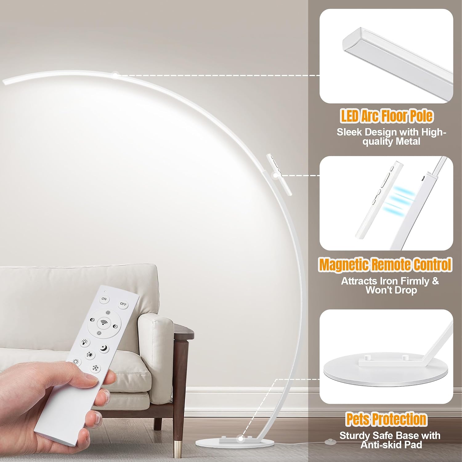 2000LM Ultra-Wide Coverage LED Lamps for Living Room with 3 Color Temperatures, White Dimmable Arc Floor Lamps, Modern Standing Tall Lamp…