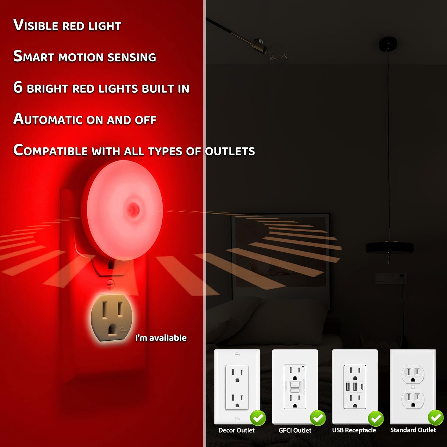 myCozyLite Red Motion Sensor Night Light, Red Light for Sleep, Night Lights Plug into Wall, Automatic ON Off, 2 Pack Motion Night Light…