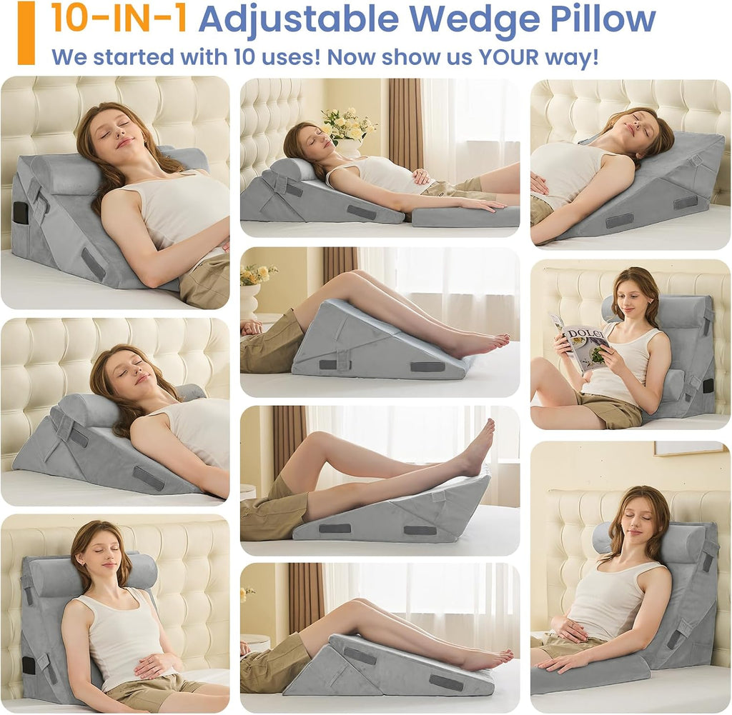 Sasttie Wedge Pillow Set for After Surgery, 3PCS Adjustable Bed Wedge Pillow Headboard with Memory Foam Neck Cushion – for Acid Reflux, Sle…