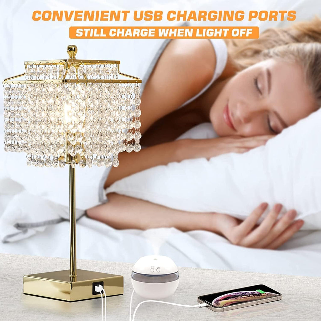 Luvkczc Set of 2 USB Bedside Crystal Table Lamp Gold, Touch Control Lamp, Dimmable Lamp with Crystal Shade for Bedroom, Living Room, 6W…