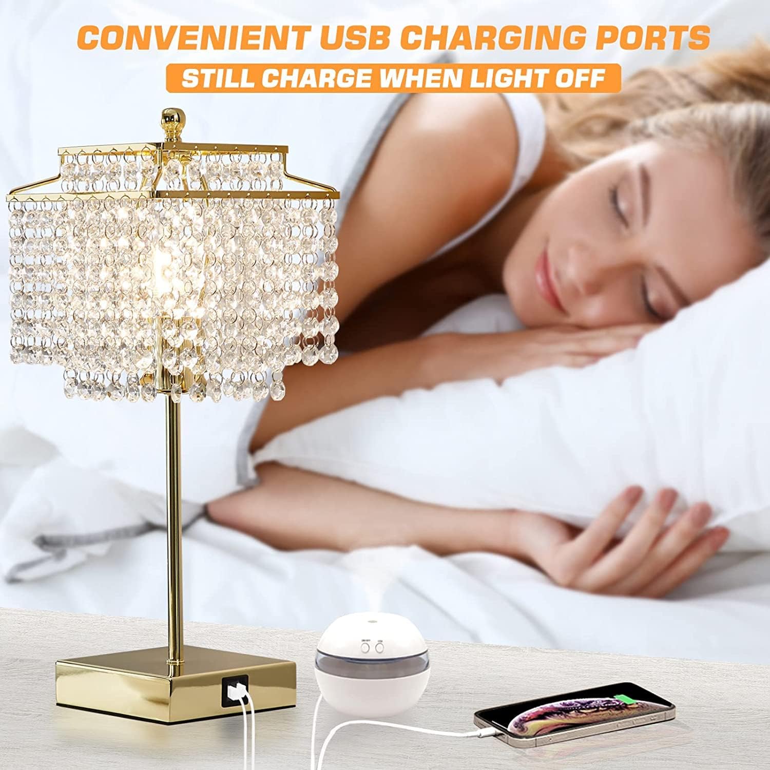 Luvkczc Set of 2 USB Bedside Crystal Table Lamp Gold, Touch Control Lamp, Dimmable Lamp with Crystal Shade for Bedroom, Living Room, 6W…