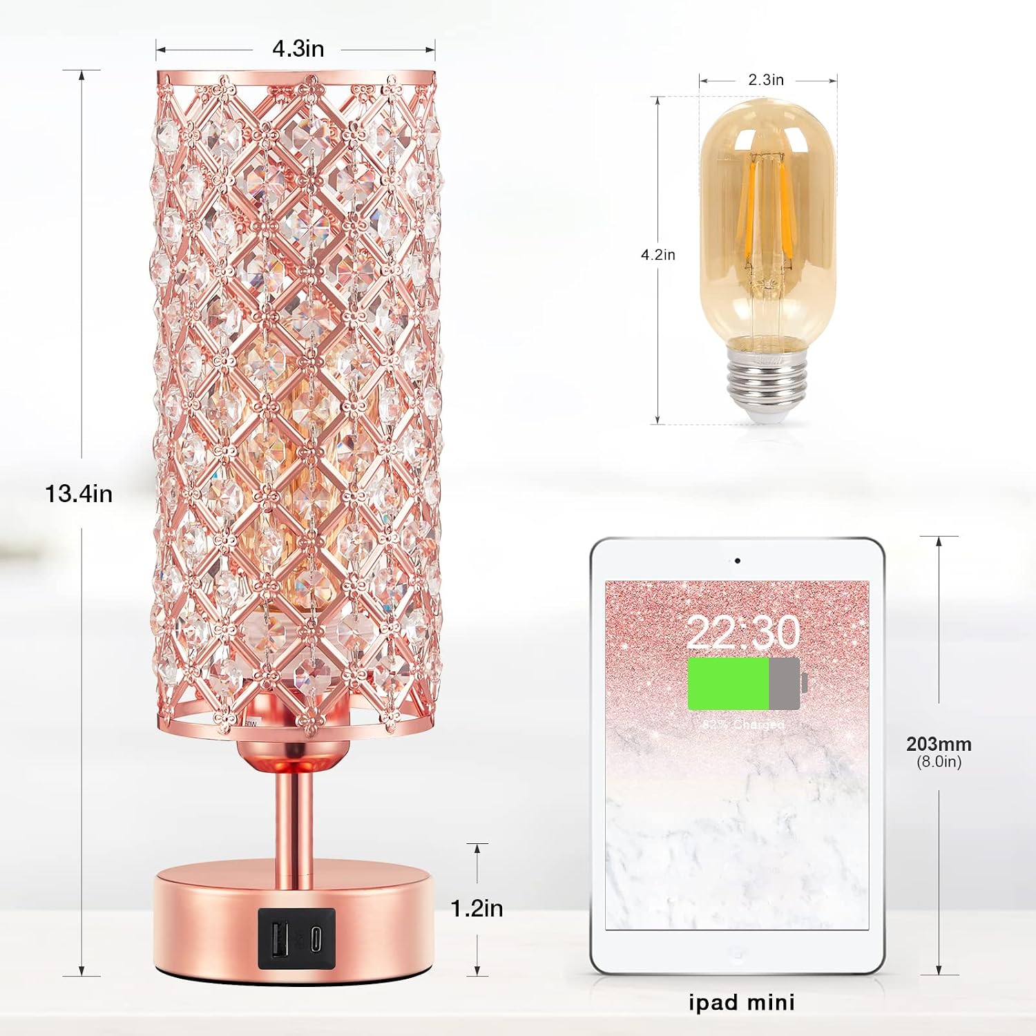 Hong-in Crystal Table Lamp - 3-Way Dimmable Touch Control, Rose Gold Bedside Lamp with USB C and A Ports, Nightstand Light for Living…