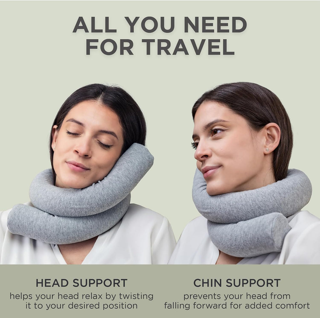 Dot&Dot Twist Memory Foam Travel Pillow for Neck, Chin, Lumbar and Leg Support - Cotton Cover Snap Closure Grey Cotton Grey
