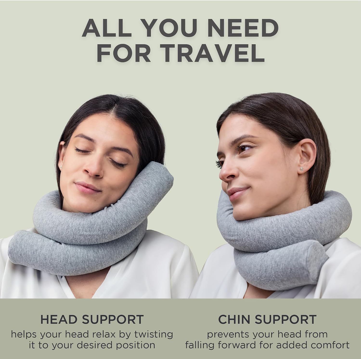 Dot&Dot Twist Memory Foam Travel Pillow for Neck, Chin, Lumbar and Leg Support - Cotton Cover Snap Closure Grey Cotton Grey