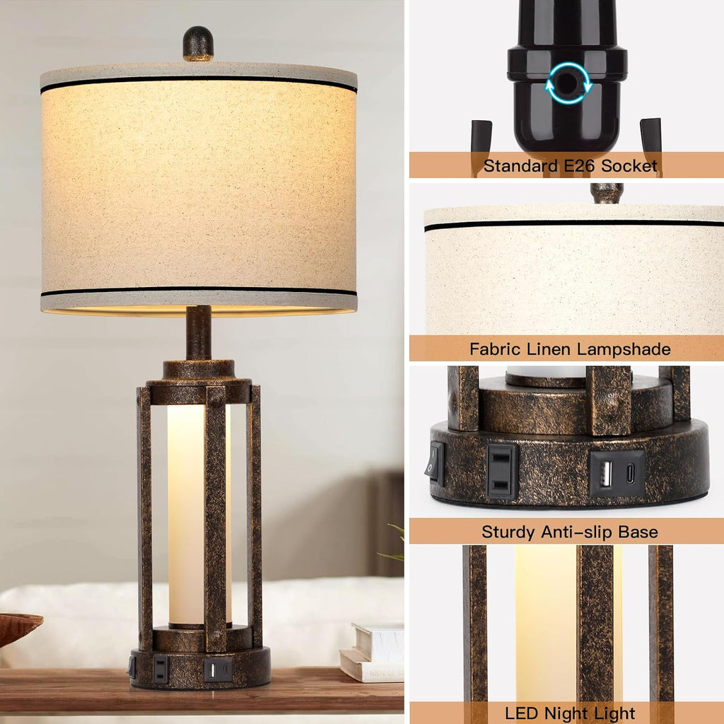 Farmhouse Industrial Lamp with USB A+C Charging Ports & AC Outlet, 26" Vintage Rustic Retro Table Lamp with Glass LED Night Light & Linen…
