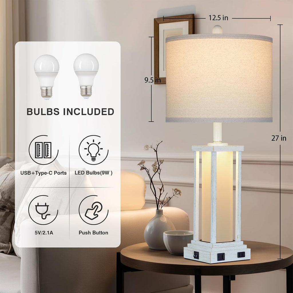 Cinkeda 27" Tall Vintage Table Lamp Set of 2 with USB C+A & Outlet, Nightstand Lamp for Living Room, Bedside Lamps with Frosted Glass Night…