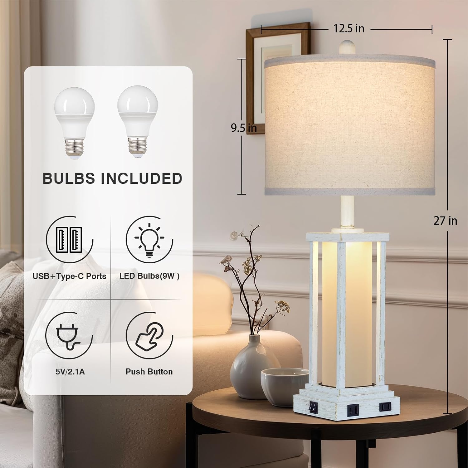 Cinkeda 27" Tall Vintage Table Lamp Set of 2 with USB C+A & Outlet, Nightstand Lamp for Living Room, Bedside Lamps with Frosted Glass Night…