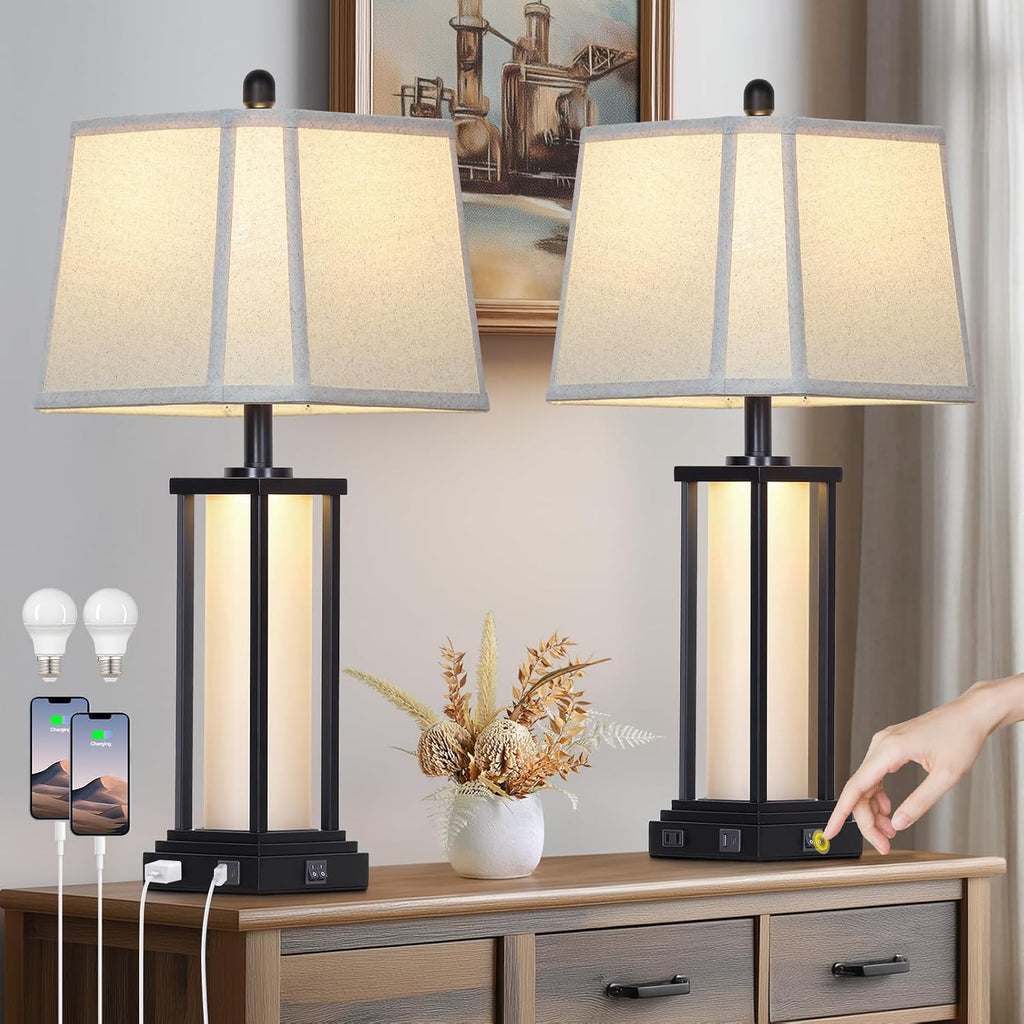 Cinkeda 27" Tall Vintage Table Lamp Set of 2 with USB C+A & Outlet, Black Industrial End Table Lamp for Living Room, Farmhouse Rustic…