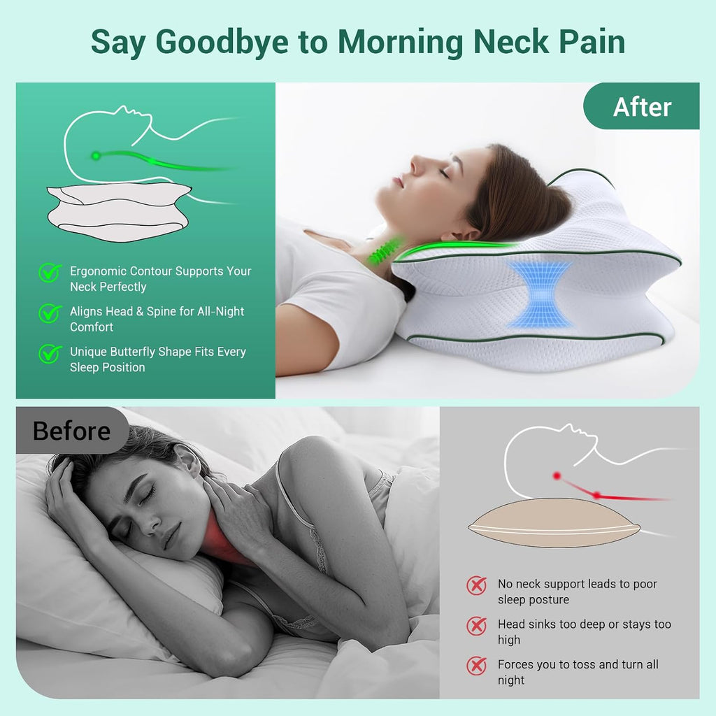 AZBestPro Memory Foam Cervical Pillow for Neck Support &, Butterfly Ergonomic Design – 24×15.75×5.7 Inches, Removable 100% Polyester Pillo…