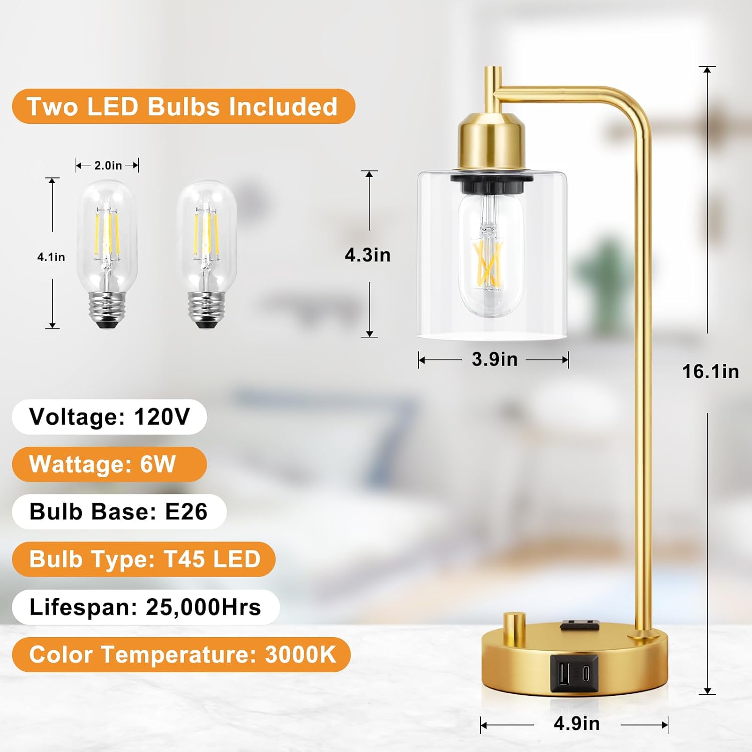 Innqoo Industrial Table Lamp for Bedroom Set of 2 - Fully Dimmable Bedside Lamps with USB Ports and Outlet, Gold Nightstand Lamps with…