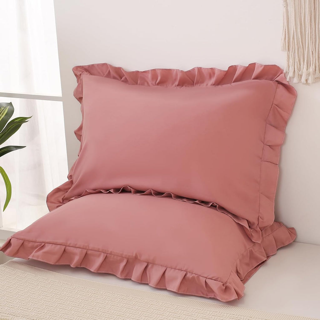 Merryword Pink Mocha Pillow Shams Cute Ruffle Queen Pillowcases Solid Pillow Cover Set of 2 Shabby Chic Soft Pink Pillowcases 2 Pack (Queen…