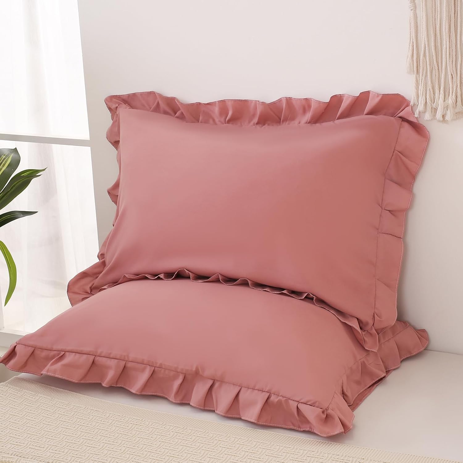 Merryword Pink Mocha Pillow Shams Cute Ruffle Queen Pillowcases Solid Pillow Cover Set of 2 Shabby Chic Soft Pink Pillowcases 2 Pack (Queen…