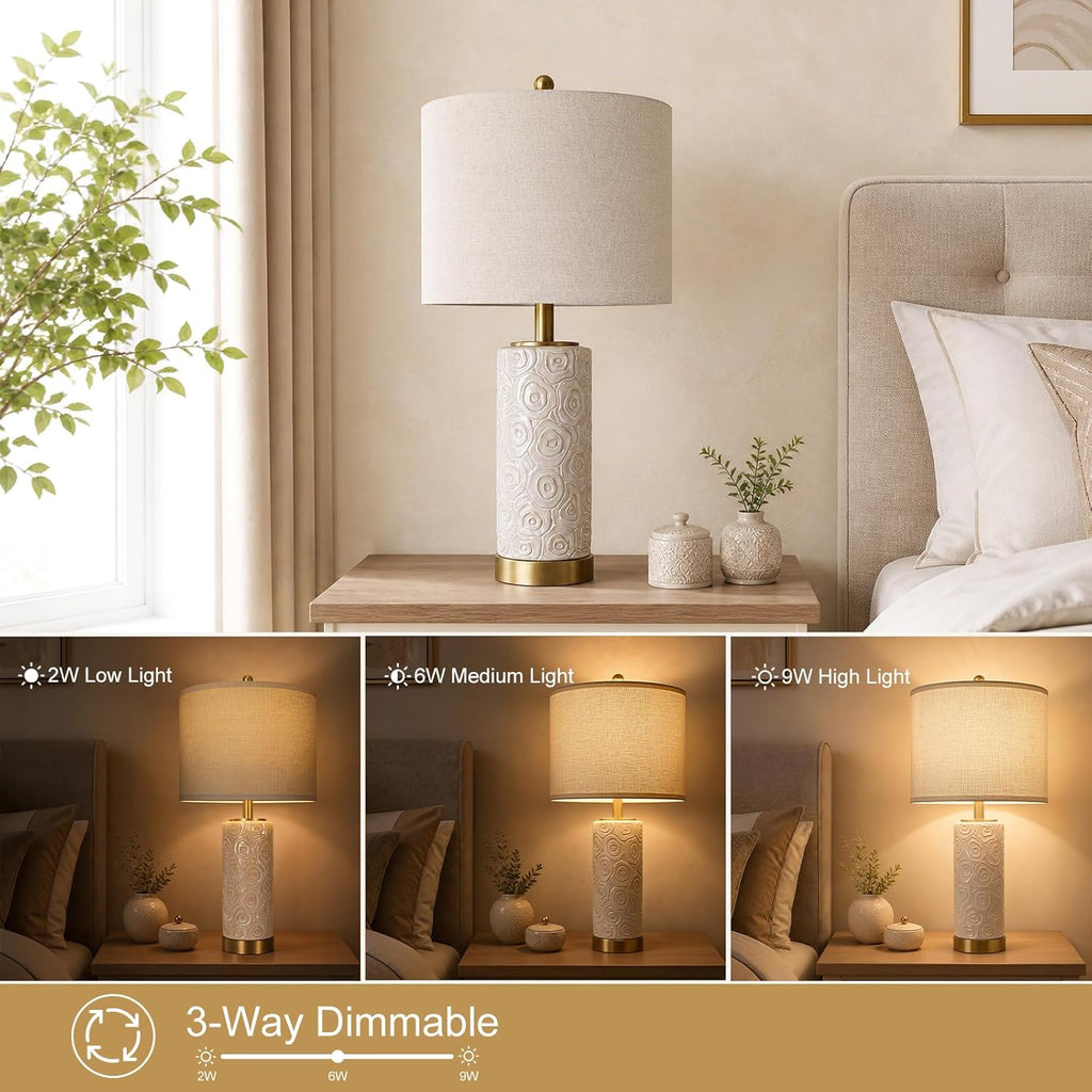 ProductDetails KIVDITZO 25.5" Boho Ceramic Table Lamps Set of 2 with 3-Way Dimmable Bulb for Living Room, Modern Table Lamp with USB A+C Po…