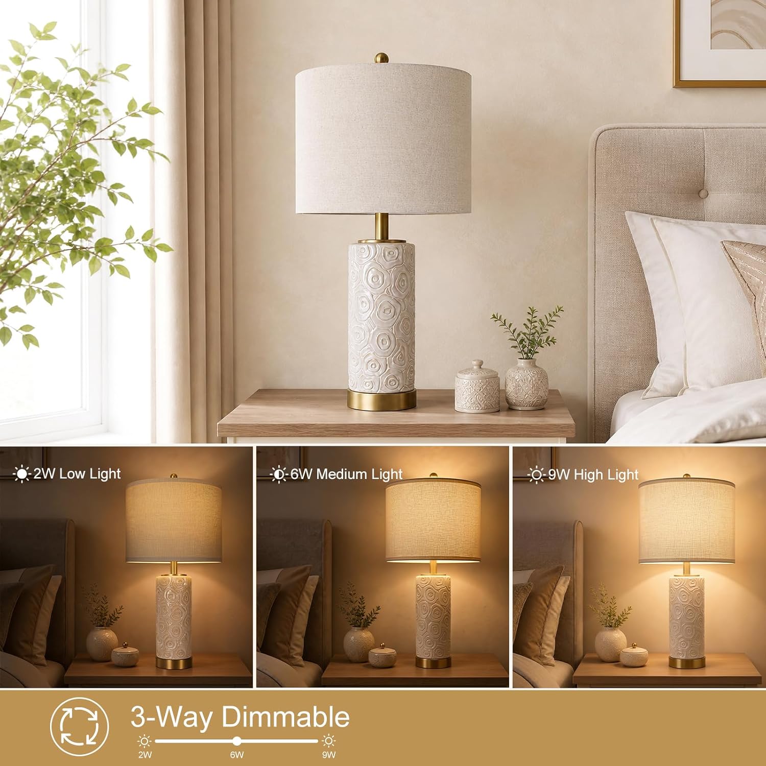 ProductDetails KIVDITZO 25.5" Boho Ceramic Table Lamps Set of 2 with 3-Way Dimmable Bulb for Living Room, Modern Table Lamp with USB A+C Po…