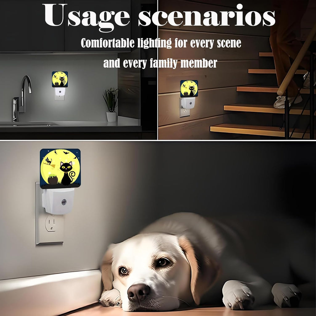 Happy Halloween Cat Night Light, Plug Into Wall with Dusk to Dawn Light Sensors, Warm Nightlights for Bedroom, Bathroom, Hallway, Kitchen…