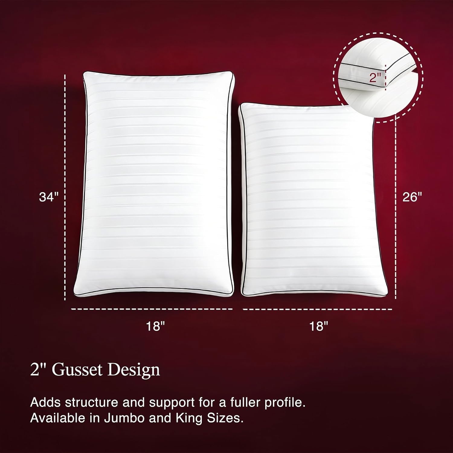 Blue Ridge Home Fashions Luxury Hotel Collection Bed Pillows Queen Size Set of 2, Soft Medium 500 Thread Count Damask Stripe Embroidered 10…