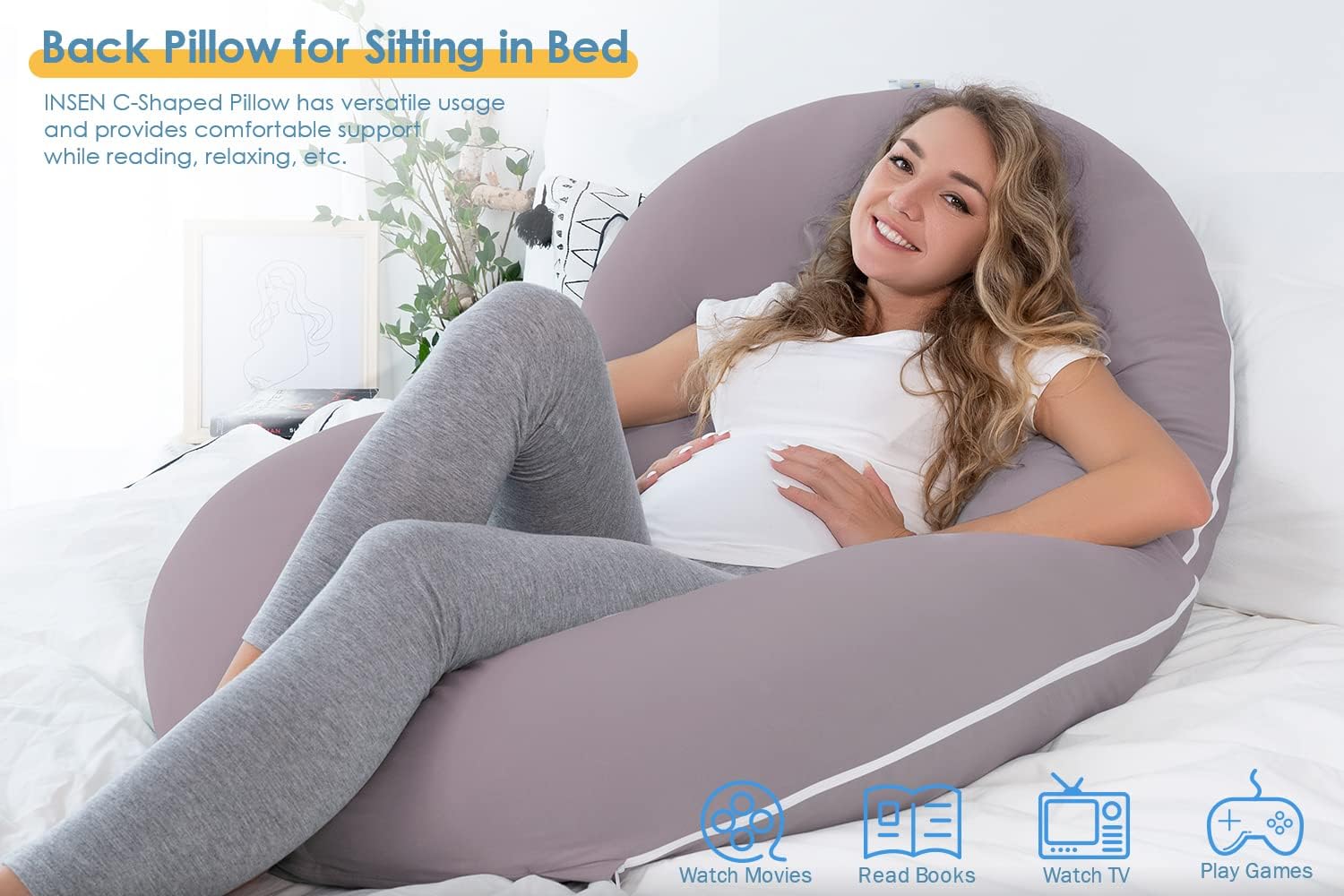 INSEN Pregnancy Pillows for Sleeping, Maternity Pillow with Cooling Cotton Cover, C Shaped for Pregnant Women, Natural Purple