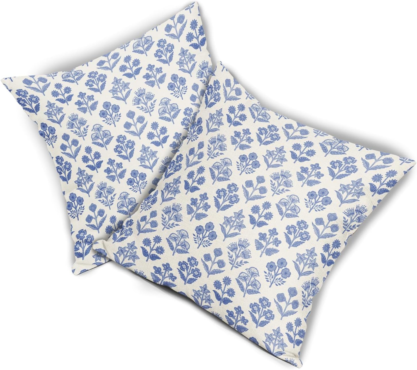 Blue Floral Pillow Covers 24x24 Inch Set of 2, Vintage Flower Block Print Pattern Decorative Throw Pillowcases Outdoor Farmhouse Cushion…