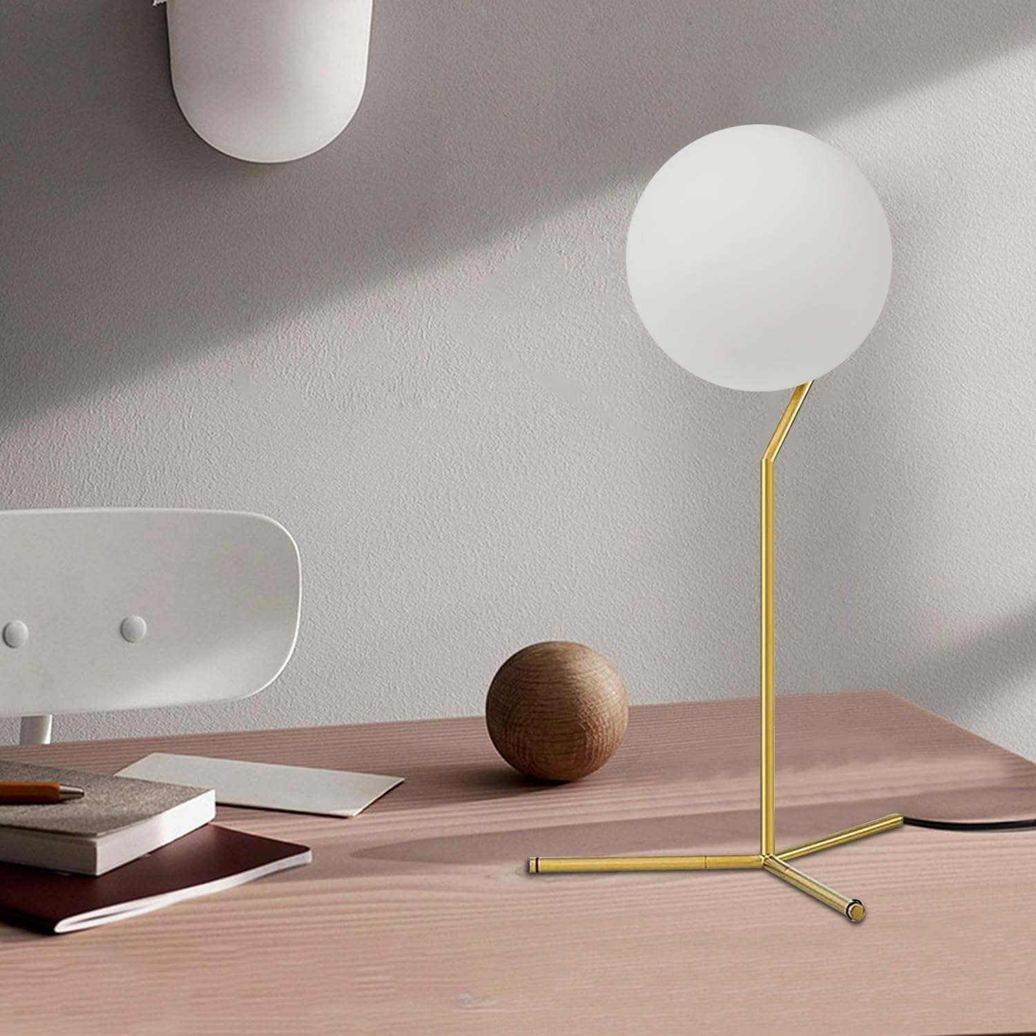 BOKT Modern 1-Light Glass Globe Table Lamp Contemporary Minimalist Tall Bedside Desk Nightstand Lamp Vintage Brush Gold Metal Table Light…