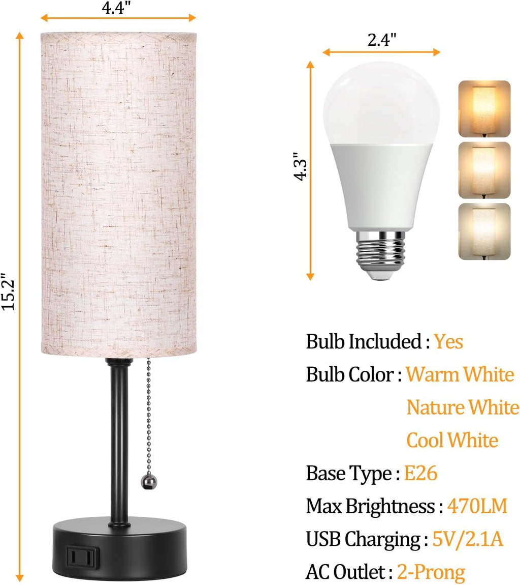 Bedside Table Lamp for Bedroom, 3-Color Small Lamps with Pull Chain, Bedroom Table Lamps for Night stands, Desk Reading Light AC Outlet…