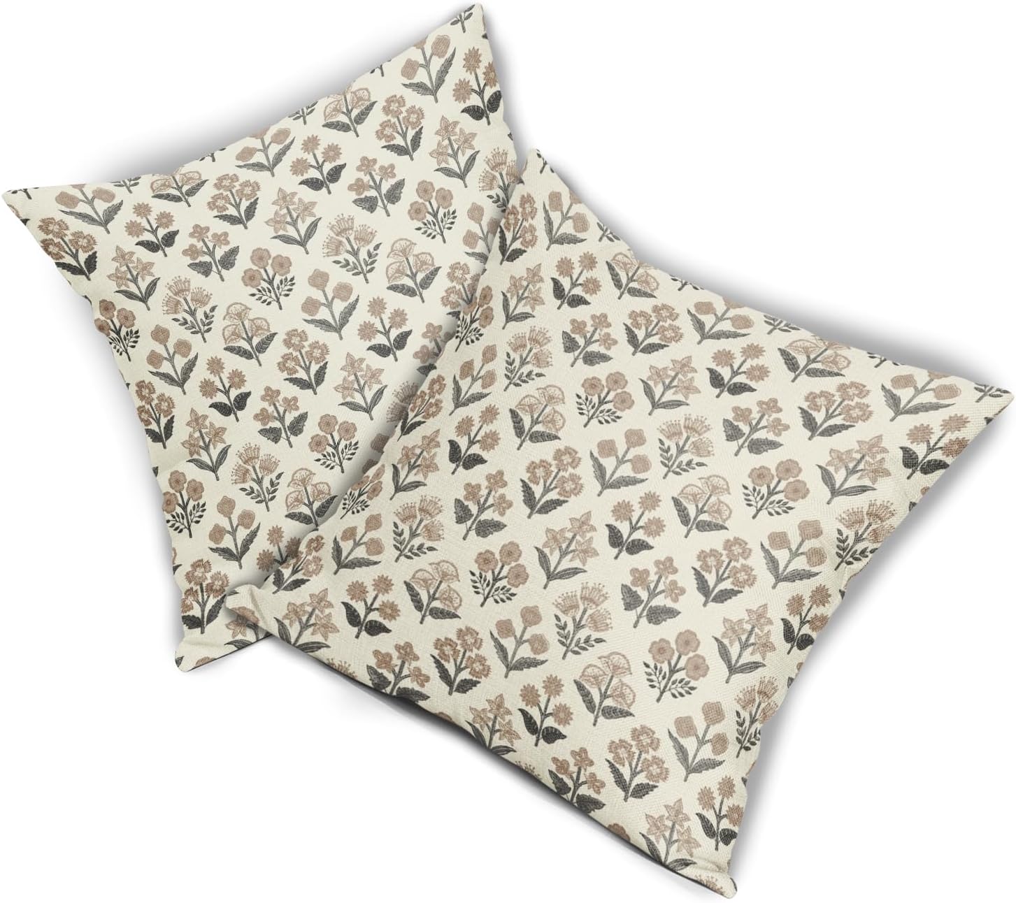 Black Brown Floral Block Print Pillow Covers 16x16 Inch Set of 2, Vintage Flower Pattern Decorative Throw Pillowcases Outdoor Farmhouse…