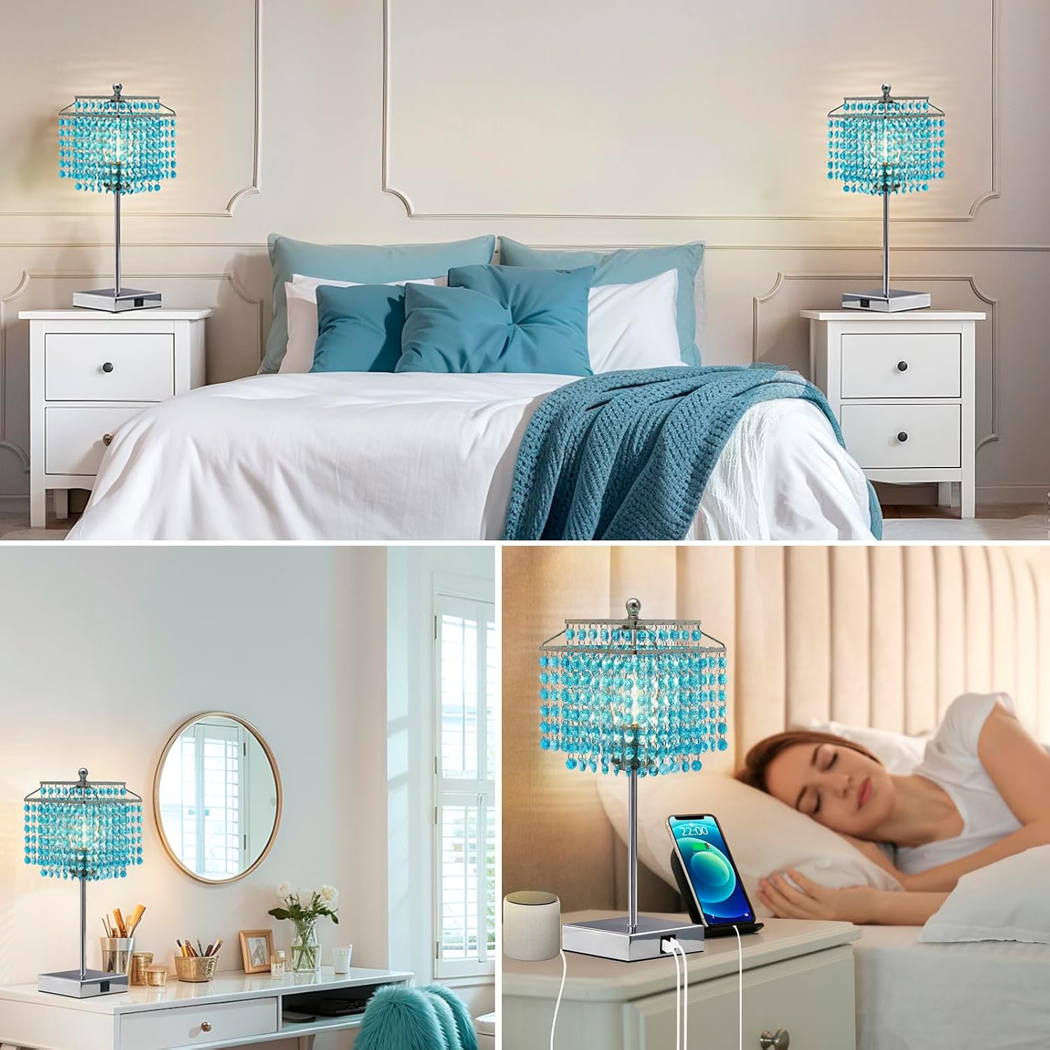 Luvkczc Crystal Table Lamp with Touch Control, Bedside Crystal Table Lamp with USB C+A Ports, Dimmable Lamp for Girls Bedroom, Living…