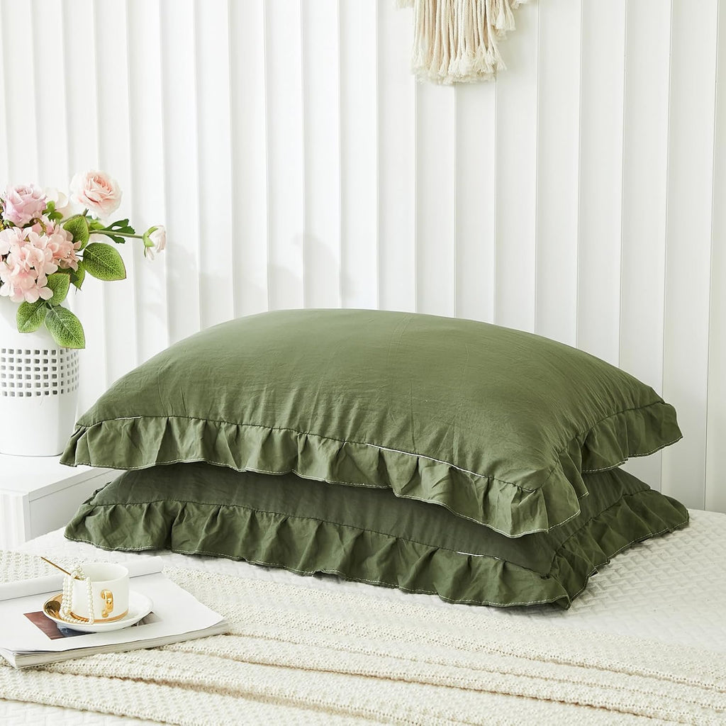 Merryword Shabby Chic Olive Green Ruffled Fringe Set of 2 Pillowcases - King (20''x36'') Green
