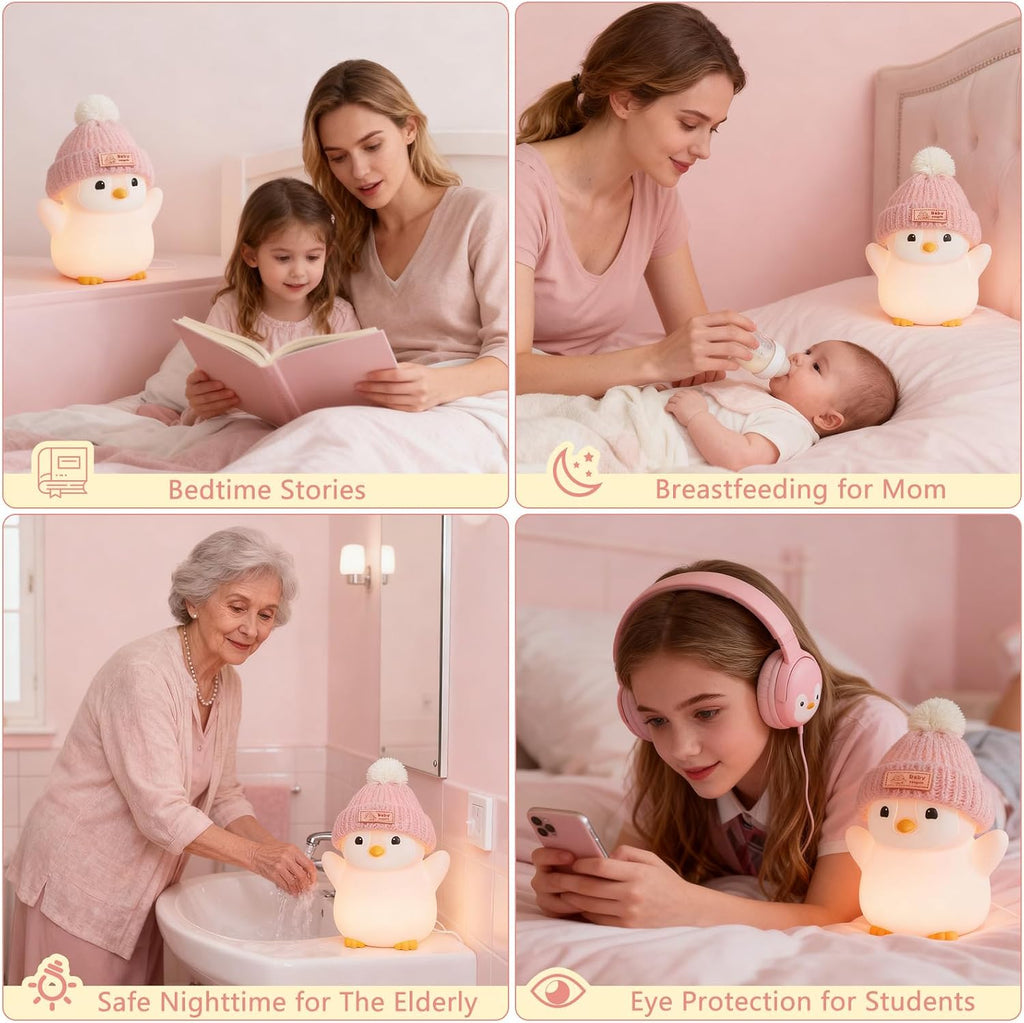 FAMIDUO-BrightenYourLife FAMIDUO Penguin Night Light, Cute Pink Penguin Lamp with Knit Hat, Soft Silicone Nursery Nightlight for Baby, Rech…