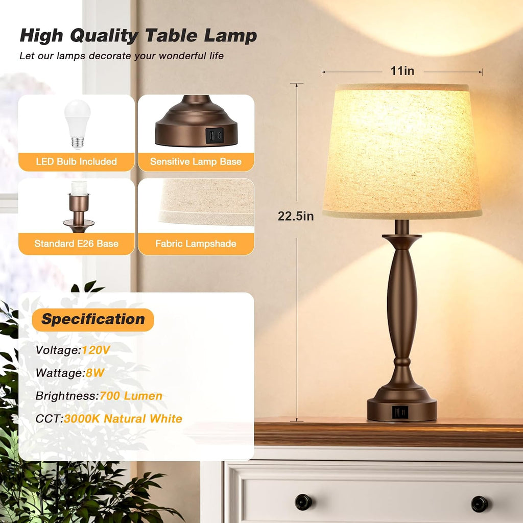 Seealle Beige Brown Lamps for Bedrooms Set of 2 - Touch Control Bedside Lamp with USB C+A, 3 Way Dimmable Nightstand Lamps with USB Port…