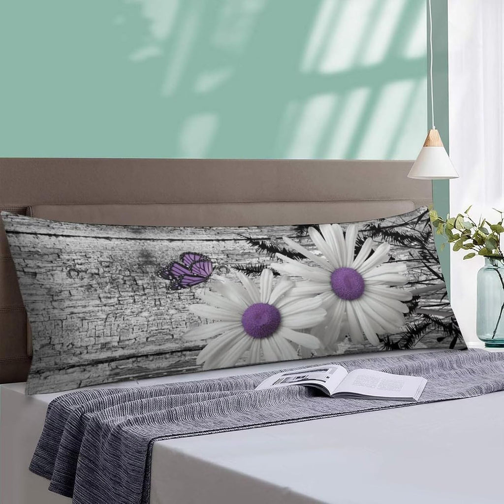 Body Pillow Cover Rustic Floral Body Pillowcase White Purple Daisy Flower Butterfly Decorative Rectangle Long Pillow Cases Gray Barn…