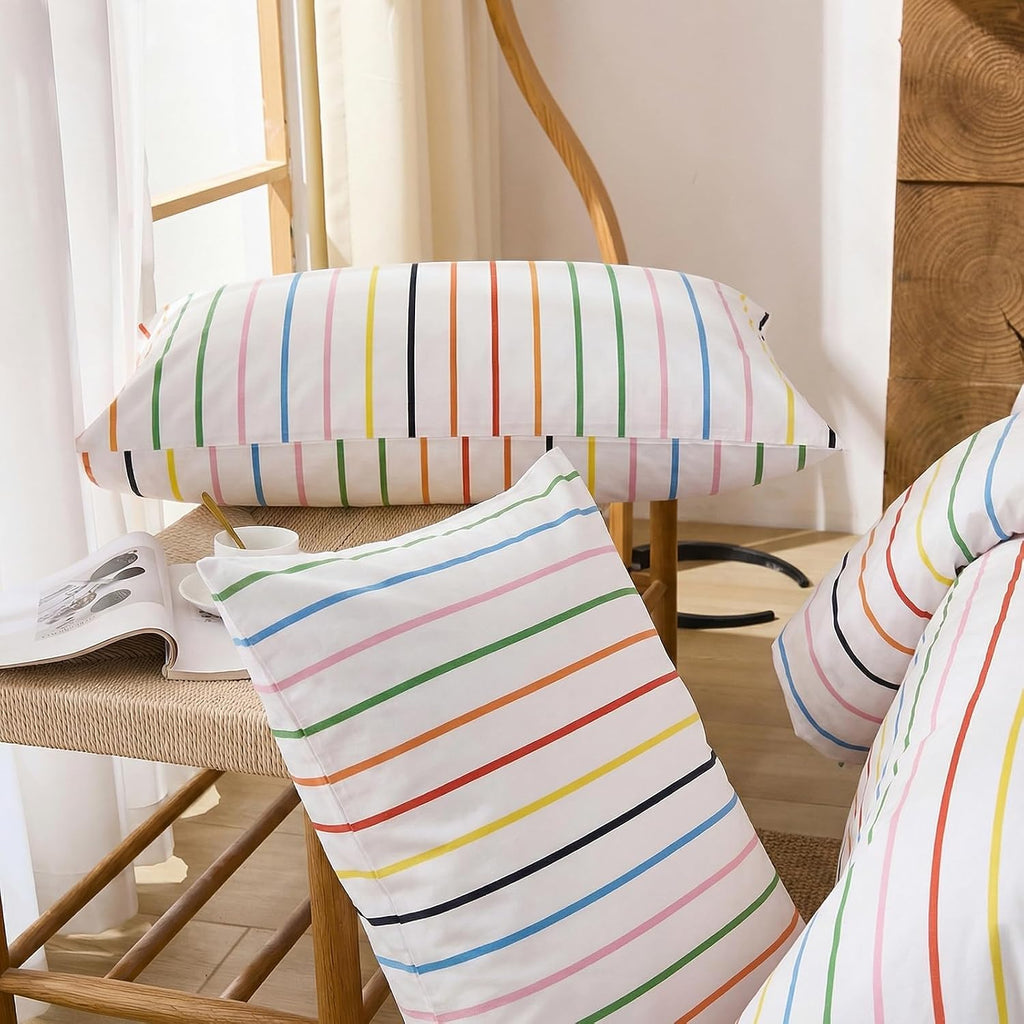 Merryword King Size Pillowcases, 100% Cotton Pillow Cases, Rainbow Striped Pillowcases, Soft Breathable Pinstripe Pillow Covers, Set of 2 C…