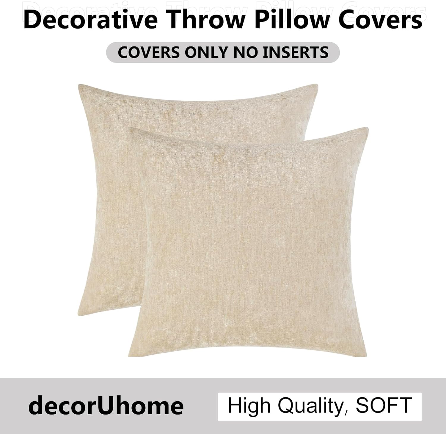 decorUhome Chenille Beige Throw Pillow Covers 26x26 Inch Set of 2, Decorative Soft Couch Pillow Covers Solid Dyed Accent Farmhouse Neutral…