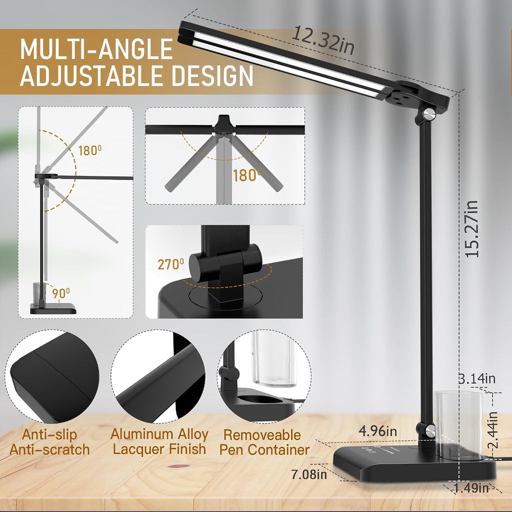 Dimmable LED Desk Lamp with USB Charging Port, 50 Lighting Modes Dual Swing Arm Architect Table Lamp Light Desk Lamp for Home Office Dorm…