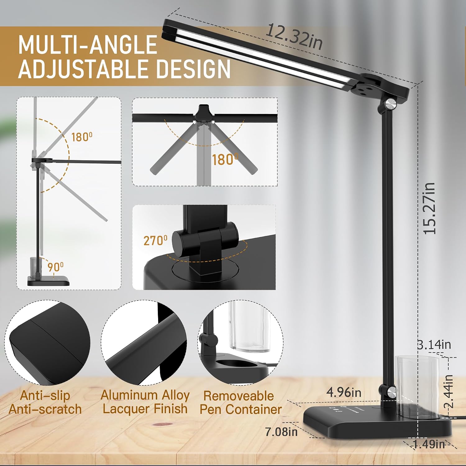 Dimmable LED Desk Lamp with USB Charging Port, 50 Lighting Modes Dual Swing Arm Architect Table Lamp Light Desk Lamp for Home Office Dorm…