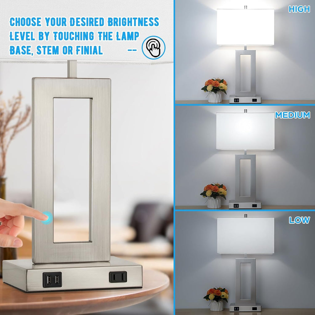 Tobusa Modern Silver Table Lamps Set of 2, 28inch Tall Lamps for Living Room Bedroom with 2 USB Ports&AC Outlet, 3 Way Dimmable Touch Contr…