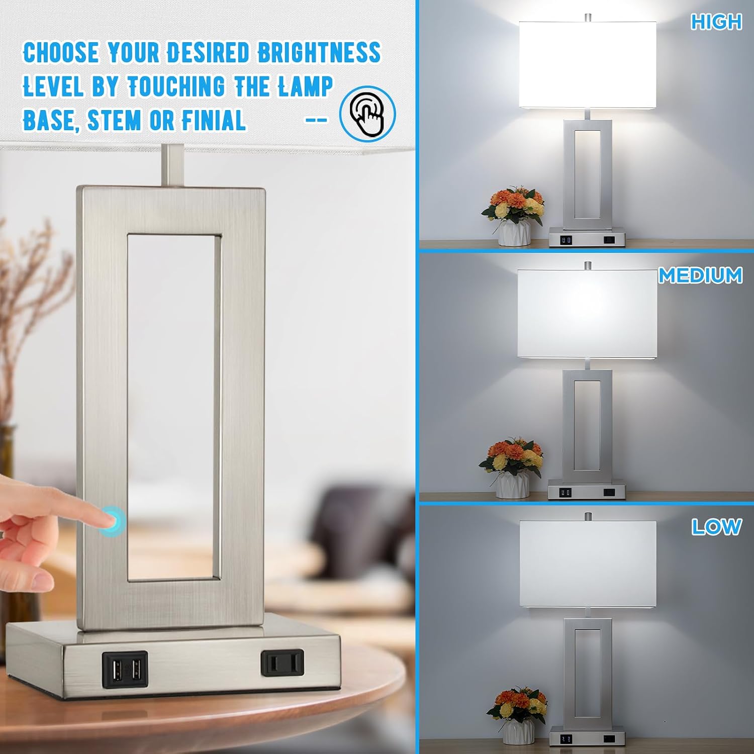 Tobusa Modern Silver Table Lamps Set of 2, 28inch Tall Lamps for Living Room Bedroom with 2 USB Ports&AC Outlet, 3 Way Dimmable Touch Contr…