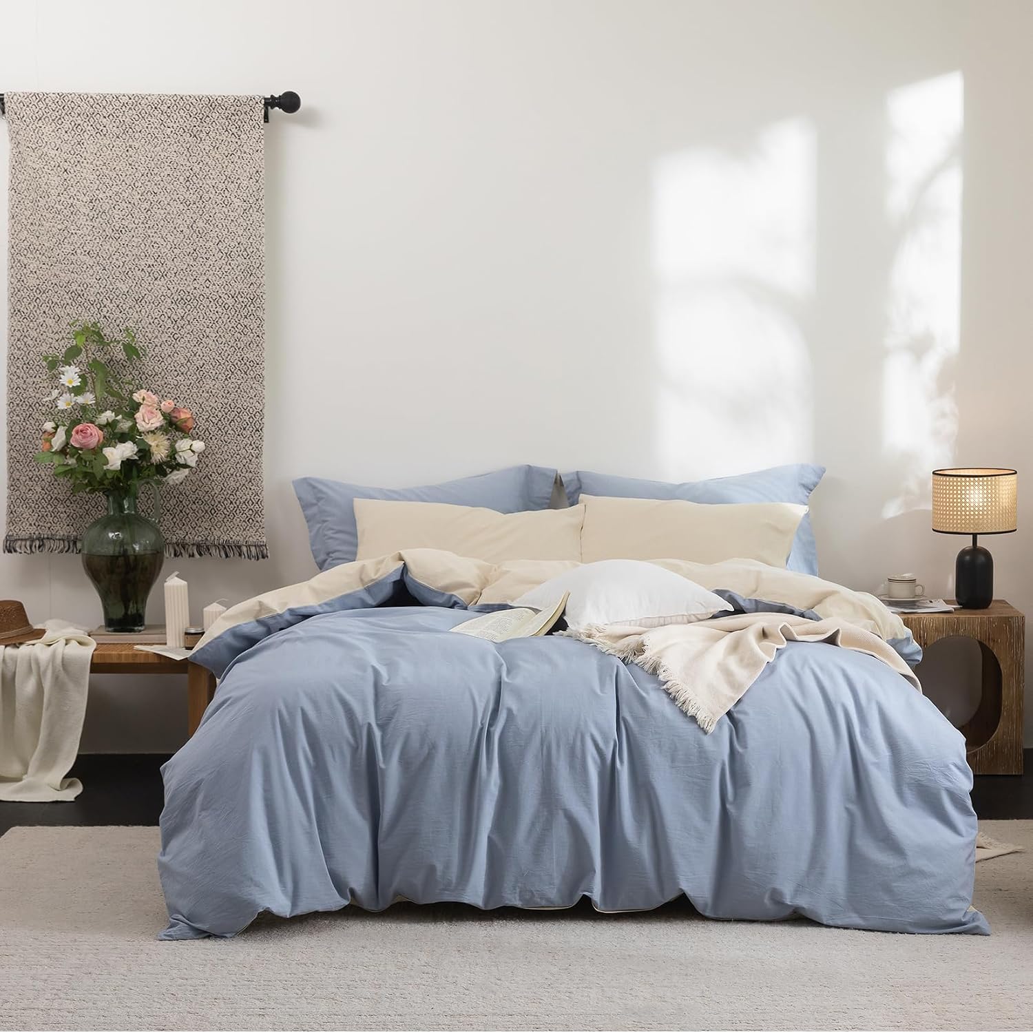 Bdear 3 Pieces Reversible Duvet Cover Set Oversized Queen Size 98x98 inch,100% Washed Cotton Duvet Cover Plus 2 Pillowcases, Double Sided w…