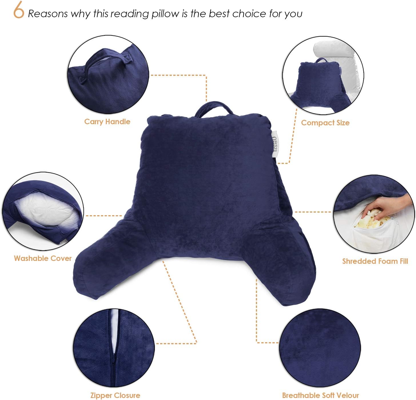 Nestl Reading Pillow with Shredded Memory Foam, Designed for Sitting Up in Bed and Couch, Back and Arms Adjustable Support for Adult &…