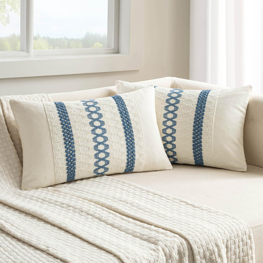 MIULEE Set of 2 Coastal Blue Boho Decorative Lumbar Pillow Covers 12x20 Inch Farmhouse Rustic Couch Throw Pillows Modern Summer Cushion…