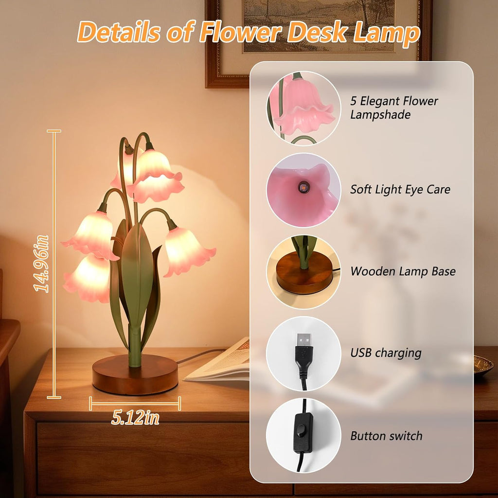 Flower Table Lamp for Bedroom, Cute Reading Light with 5 Wind Chime Grass Flower of The Valley, Desk Lamp Bedside Lamps for Nightstands…