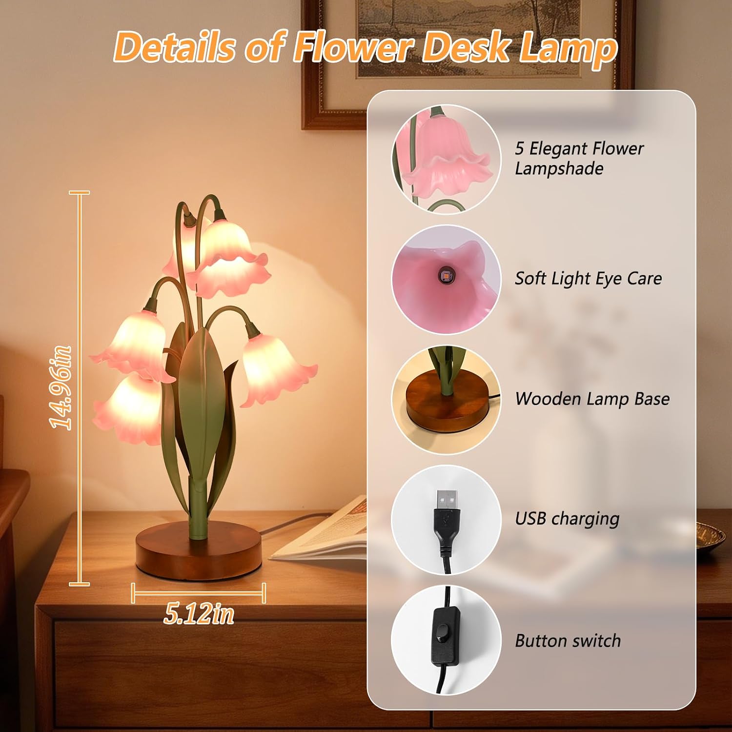 Flower Table Lamp for Bedroom, Cute Reading Light with 5 Wind Chime Grass Flower of The Valley, Desk Lamp Bedside Lamps for Nightstands…